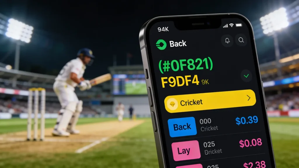 A futuristic cricket betting dashboard on a smartphone screen showing live odds for an IPL match with green and yellow accents
